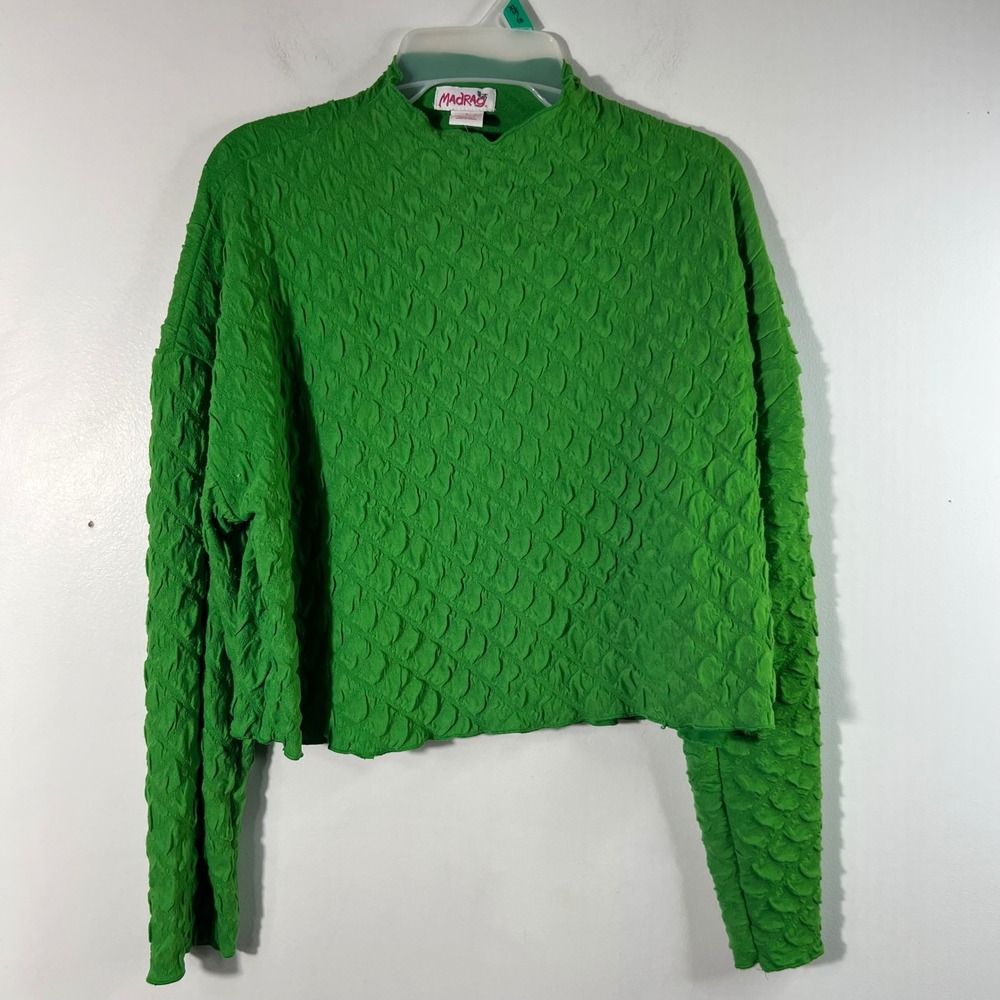 Womens Madrag Textured Mock Neck Cropped Top Green Long Sleeve Stretch‎ L